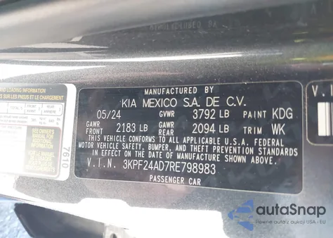 2024 Kia Forte Lxs from USA, damaged, VIN 3KPF24AD7RE798983